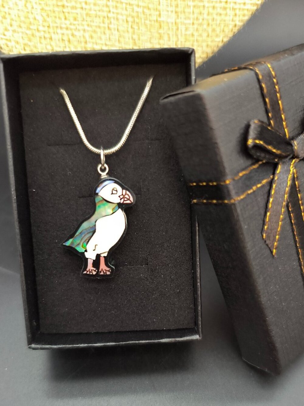 Sterling Silver Puffin Pendant Necklace – Abalone‑Style Inlay